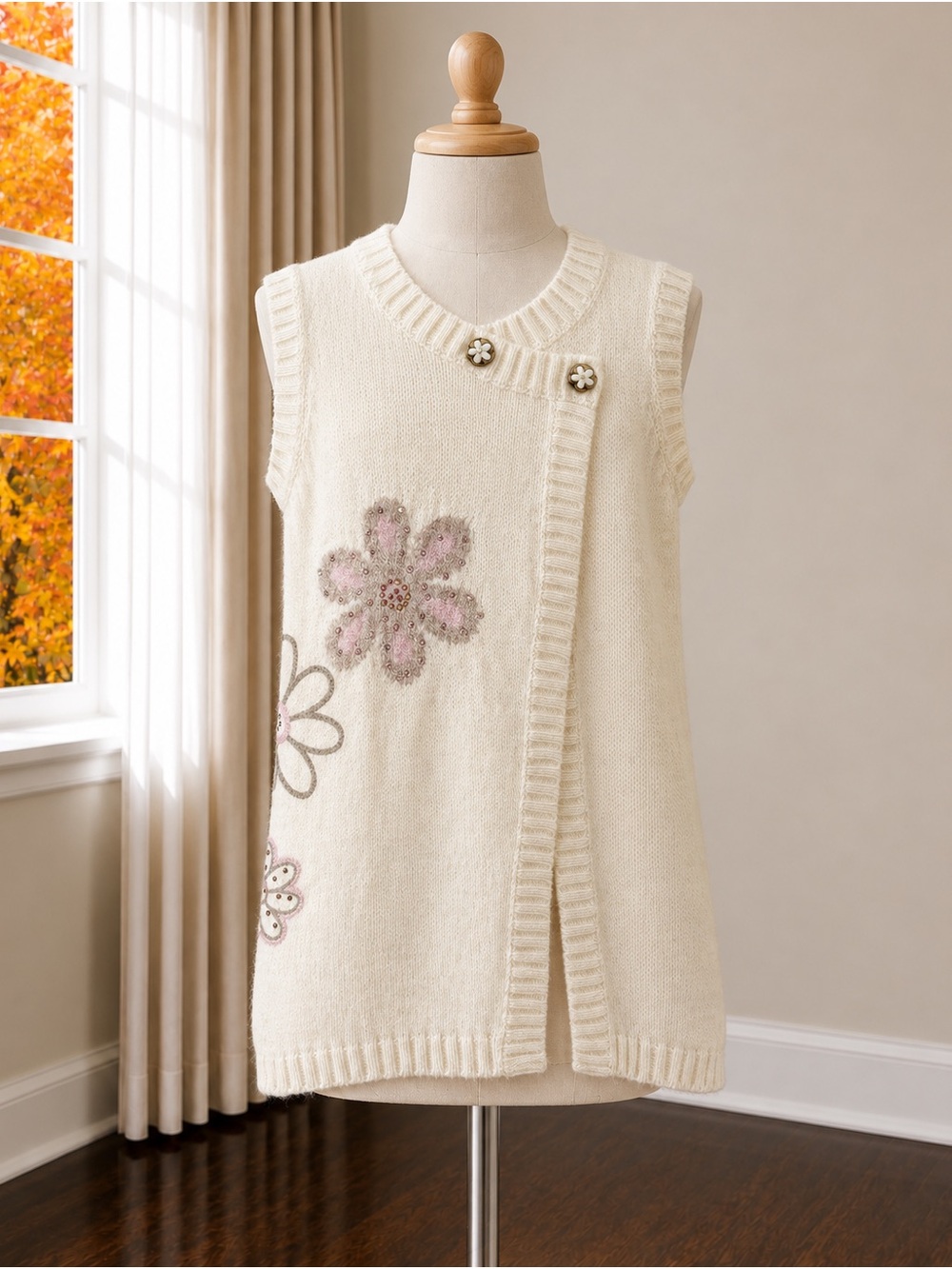 Girls' Cream Knit Flower Vest